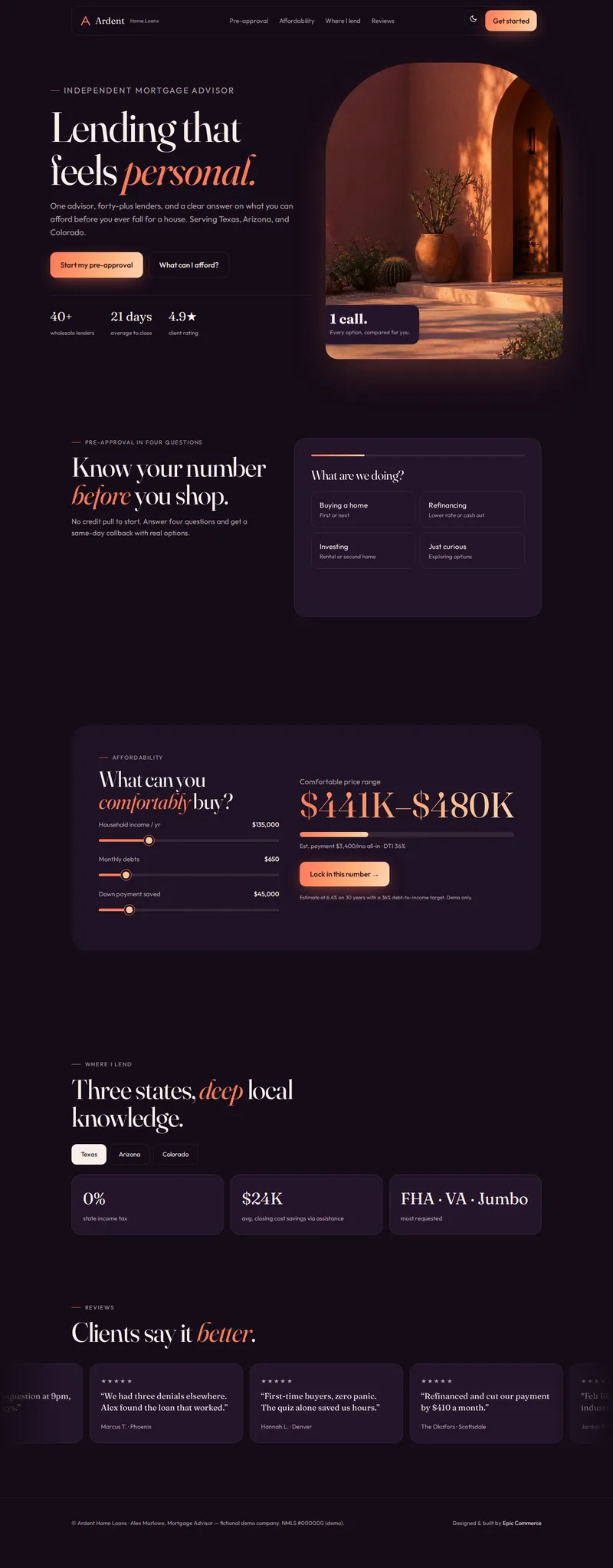 Full-page screenshot of the Ardent Home Loans demo website