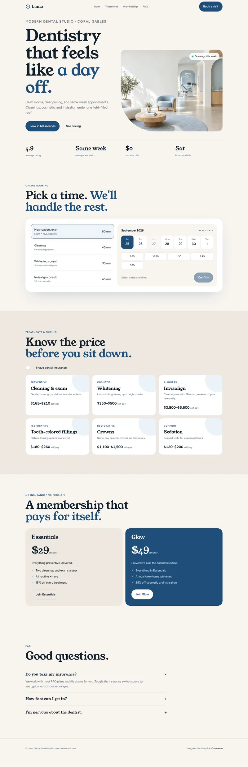 Full-page screenshot of the Luma Dental Studio demo website